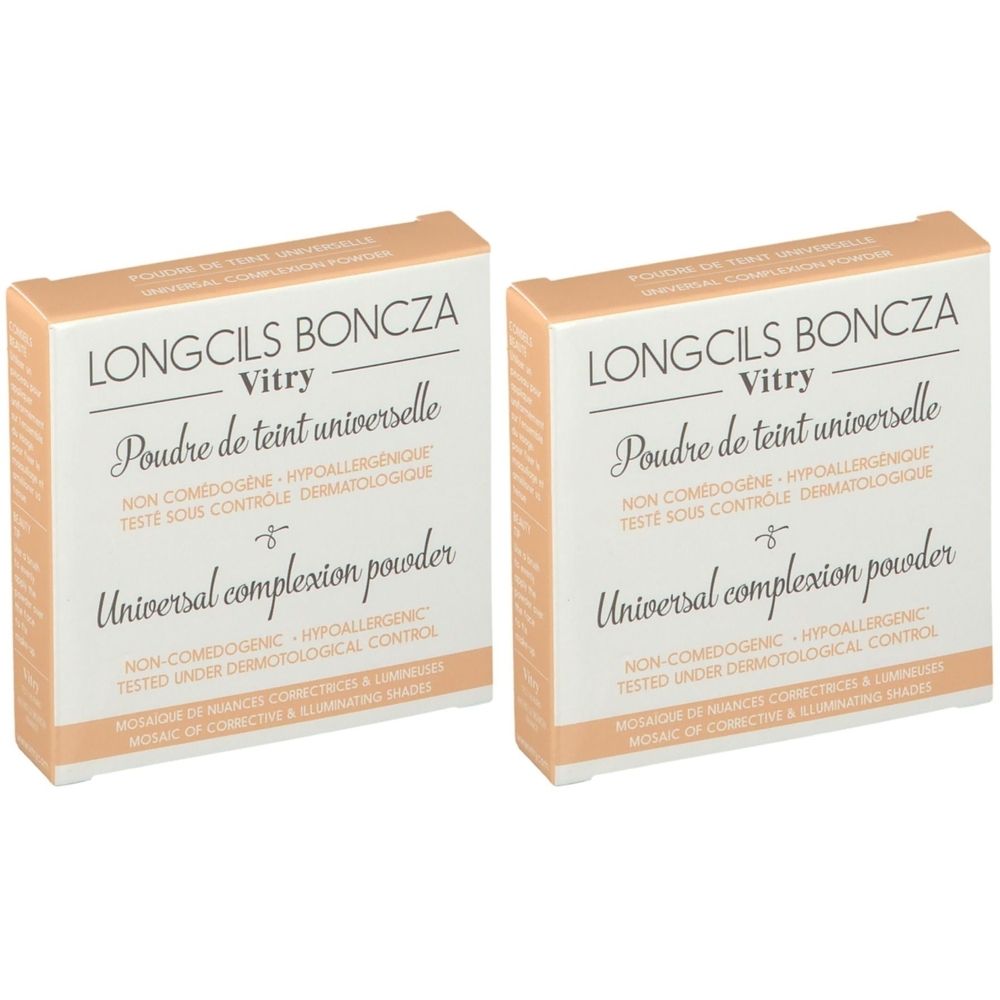 Deux boîtes carrées "Vitry Longcils Boncza Poudre de teint universelle". Design beige et blanc. Texte en français et anglais.