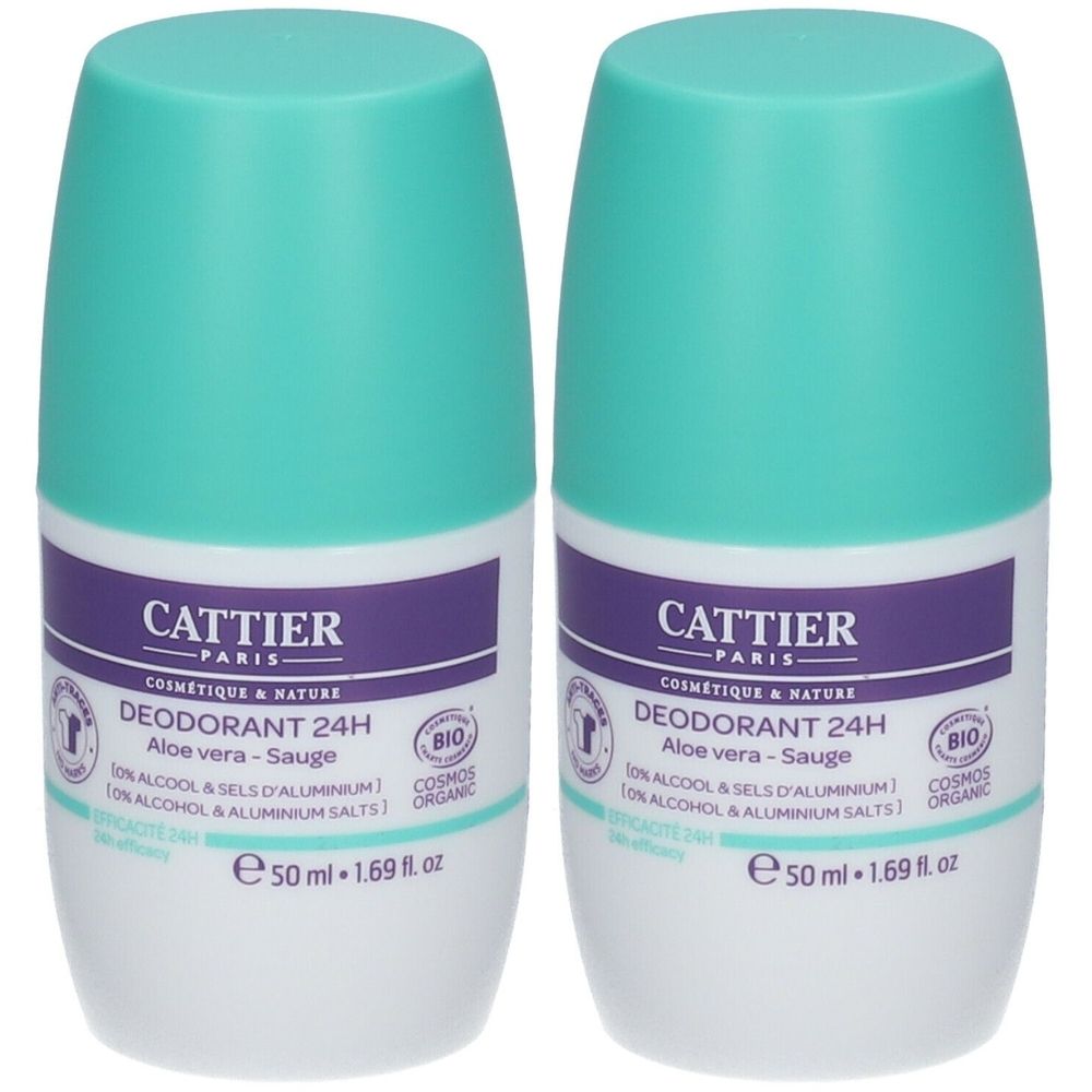 Deux déodorants roll-on avec bouchons turquoise. Inscription: CATTIER, DEODORANT 24H, Aloe vera-Sauge, certification BIO.