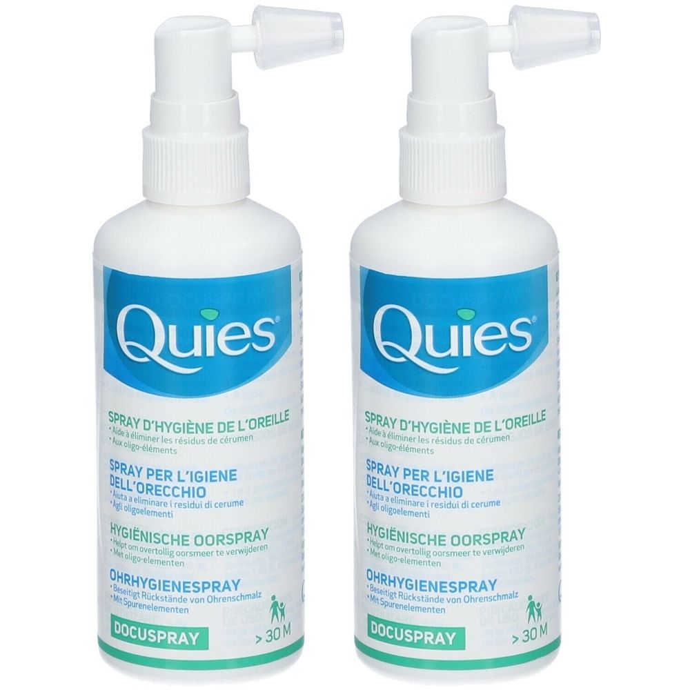 Deux flacons blancs avec vaporisateur. Inscription "Quies" et informations multilingues sur le produit. Le mot "Docuspray" est visible.