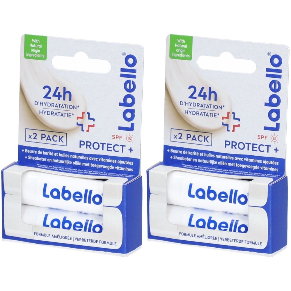 Deux sticks lèvres Labello en duo. Emballage bleu et blanc avec informations produit et nom de la marque.