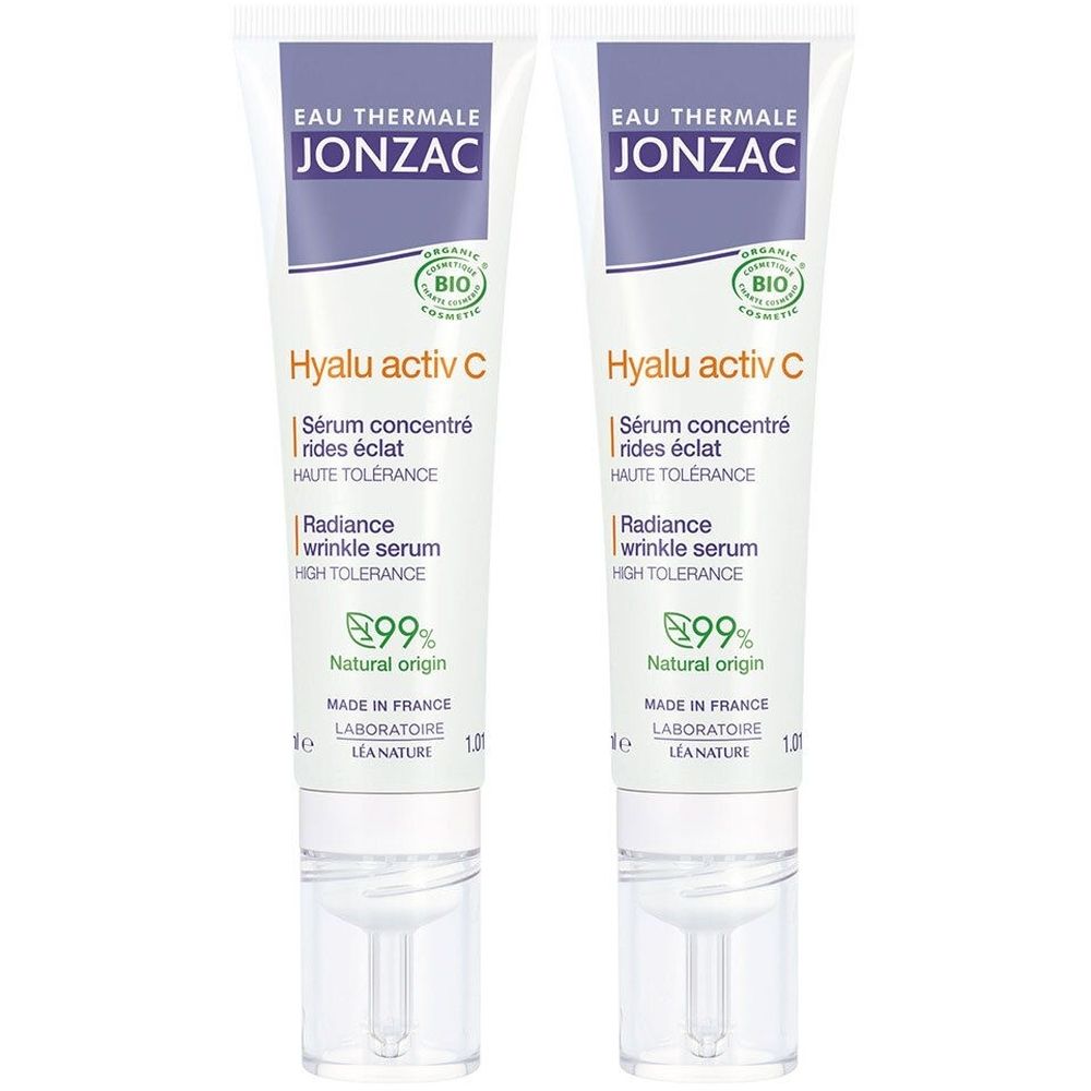Deux tubes de sérum. Inscription "Jonzac Hyalu activ C". Emballage blanc avec texte en français et anglais.