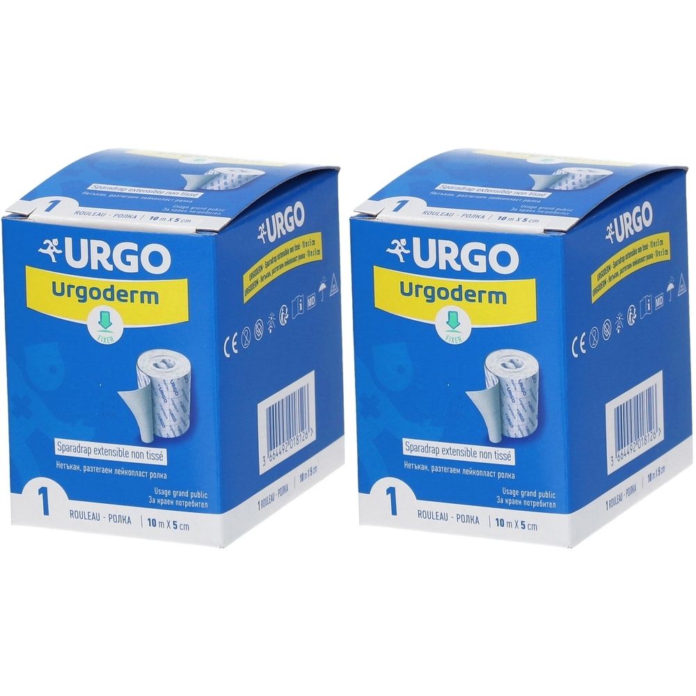 Deux boîtes bleues URGO Urgoderm. Inscriptions : 10 m x 5 cm, marquage CE. Un pansement en rouleau est représenté sur les boîtes.