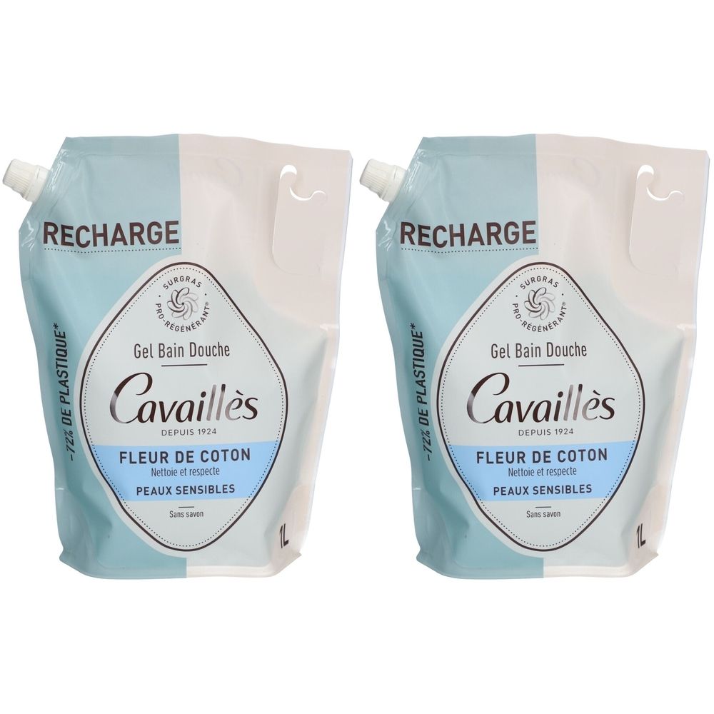 Deux recharges de Gel Bain Douche. Inscription: Cavaillès, Fleur de Coton, peaux sensibles. Avec bec verseur.