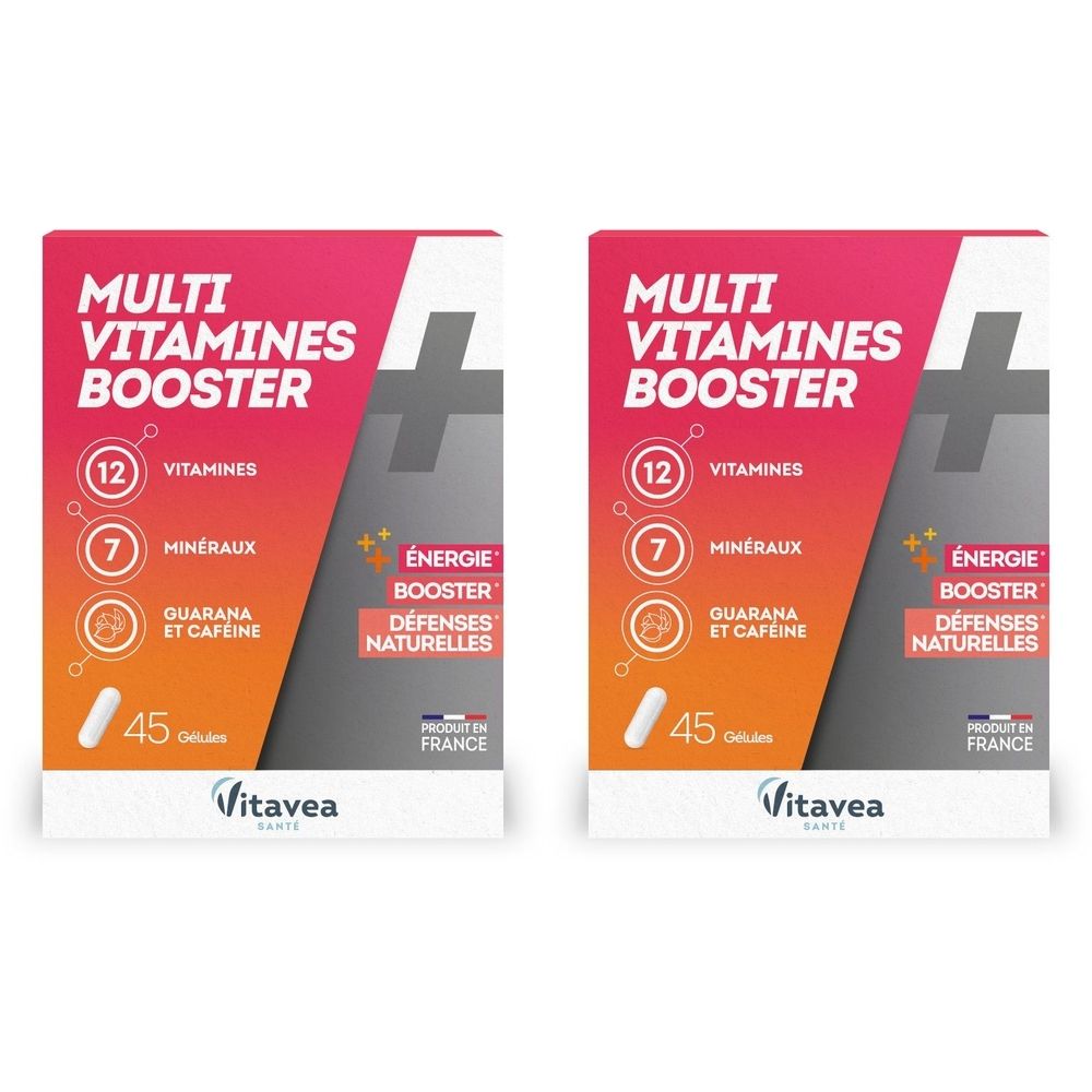 Deux boîtes de VITAVEA Multi'vit Boost. Inscription: Multi Vitamines Booster, 12 vitamines, 7 minéraux, guarana et caféine. Fabriqué en France.