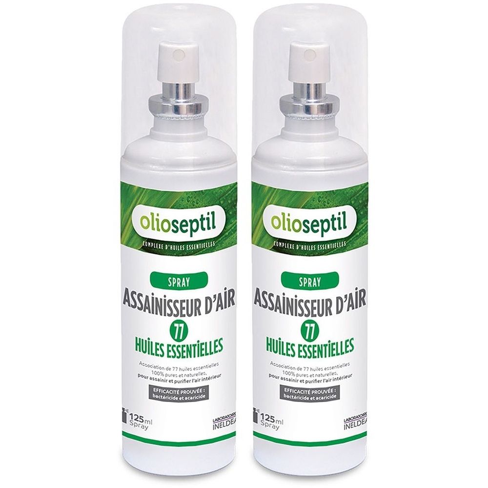 Deux flacons de spray blancs avec bouchons transparents. Étiquettes vertes et blanches avec les inscriptions: Olioseptil, Spray, Assainisseur d'air, Huiles essentielles.
