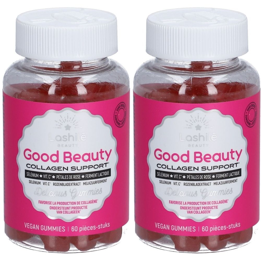 Deux flacons avec étiquettes roses. Inscription: Good Beauty Collagen Support. Vegan Gummies. 60 pièces.