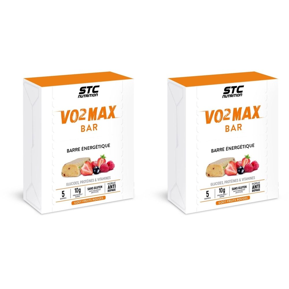Deux emballages rectangulaires. Inscription: STC Nutrition, VO2 MAX BAR, Barre Energétique. Illustration de fruits. Couvercle orange.