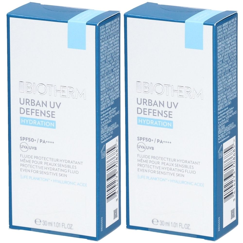 Deux boîtes rectangulaires avec informations produit. Inscription: Biotherm Urban UV Defense Hydration SPF50+. Couleurs bleu et blanc.