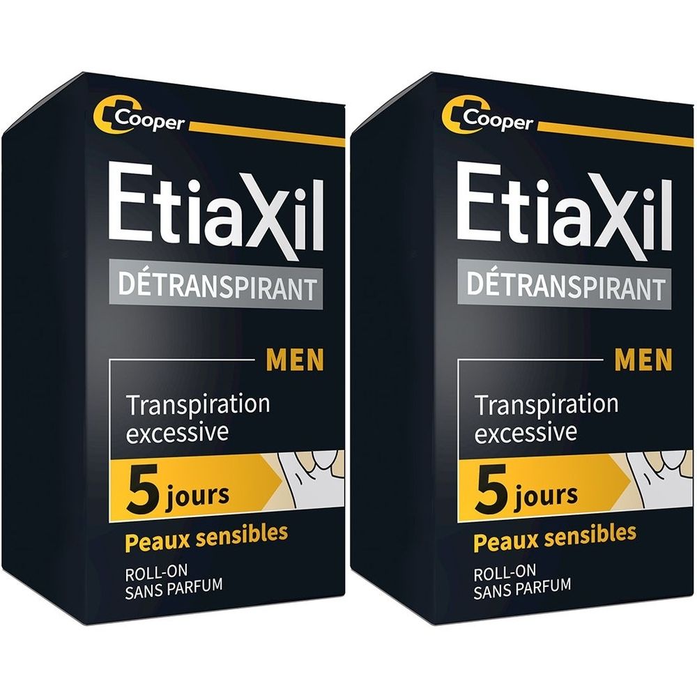 Deux boîtes noires Etiaxil. Inscription: Détranspirant, Men, Transpiration excessive, 5 jours, Peaux sensibles, Roll-on, Sans parfum.