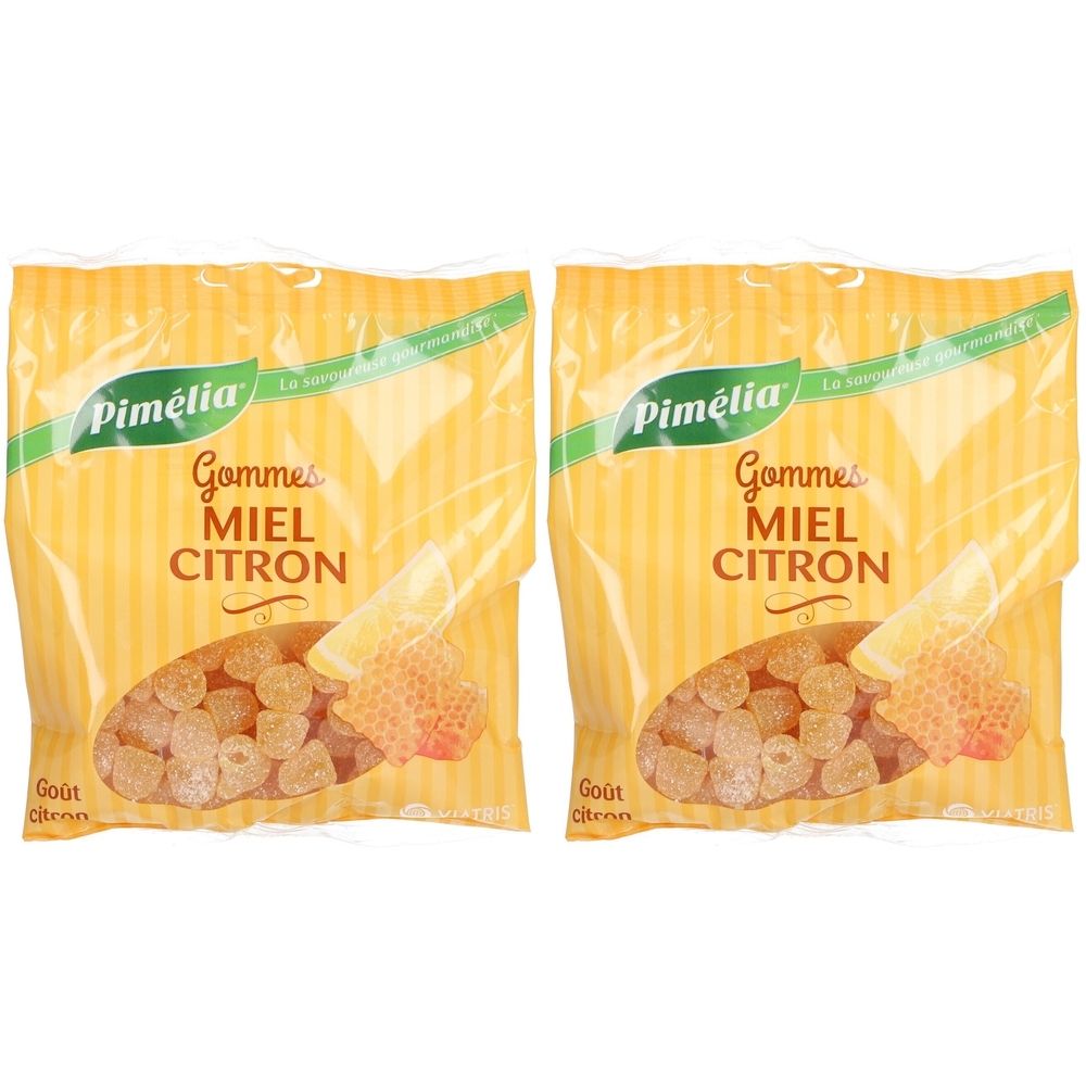 Deux sachets de gommes jaunes et blanches. Inscription : Pimélia, Gommes Miel Citron. Emballage jaune avec des accents verts.