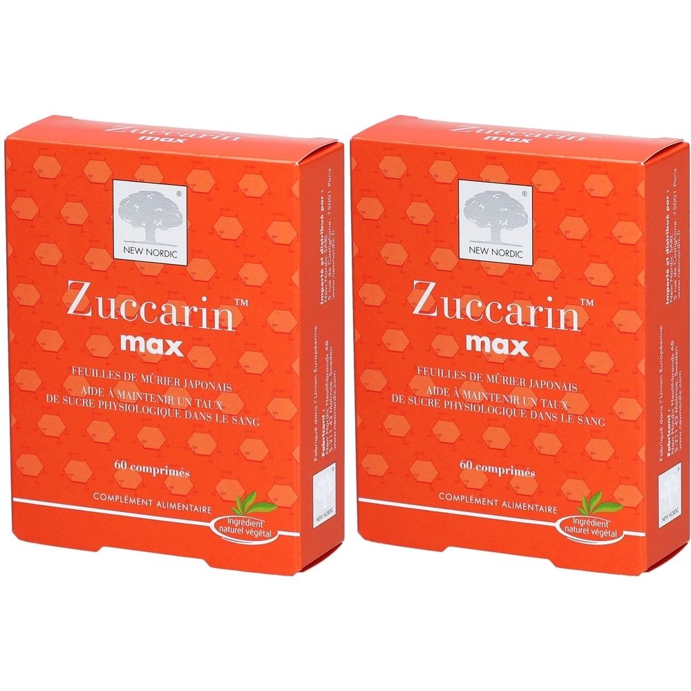 Deux boîtes oranges "Zuccarin max". Marque "NEW NORDIC". Contient 60 comprimés. Complément alimentaire.