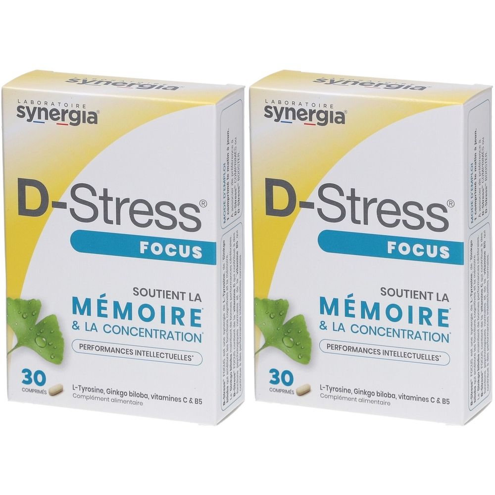Deux boîtes de D-Stress Focus. Texte: Soutient la mémoire et la concentration. Contient 30 comprimés.