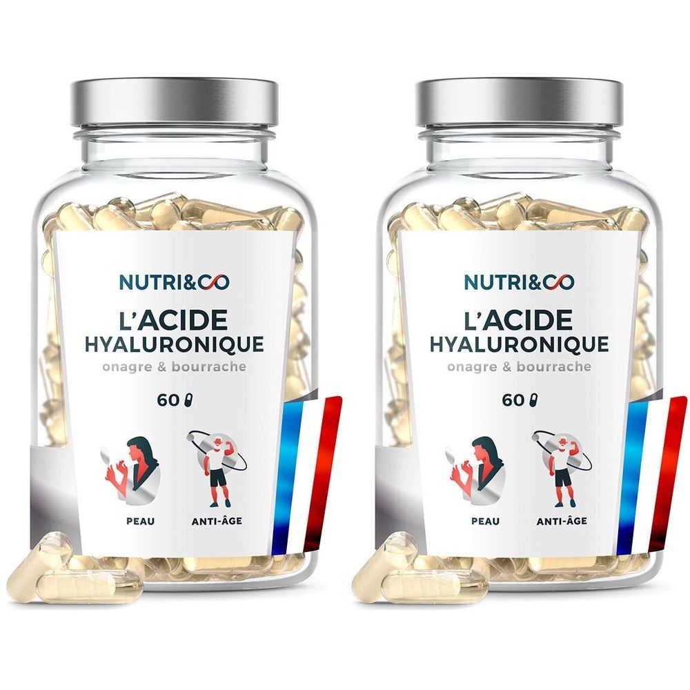 Deux flacons en verre de gélules. Étiquettes : "NUTRI&CO L'ACIDE HYALURONIQUE". Drapeau français. Inscriptions : PEAU, ANTI-ÂGE.