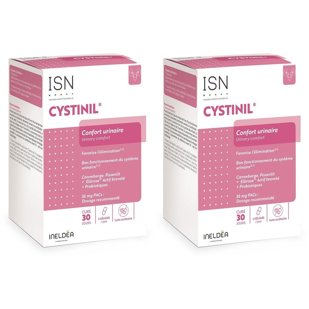 Deux boîtes de ISN Cystinil. Blanches avec des accents roses. Inscription Cystinil, Confort urinaire. 30 gélules.