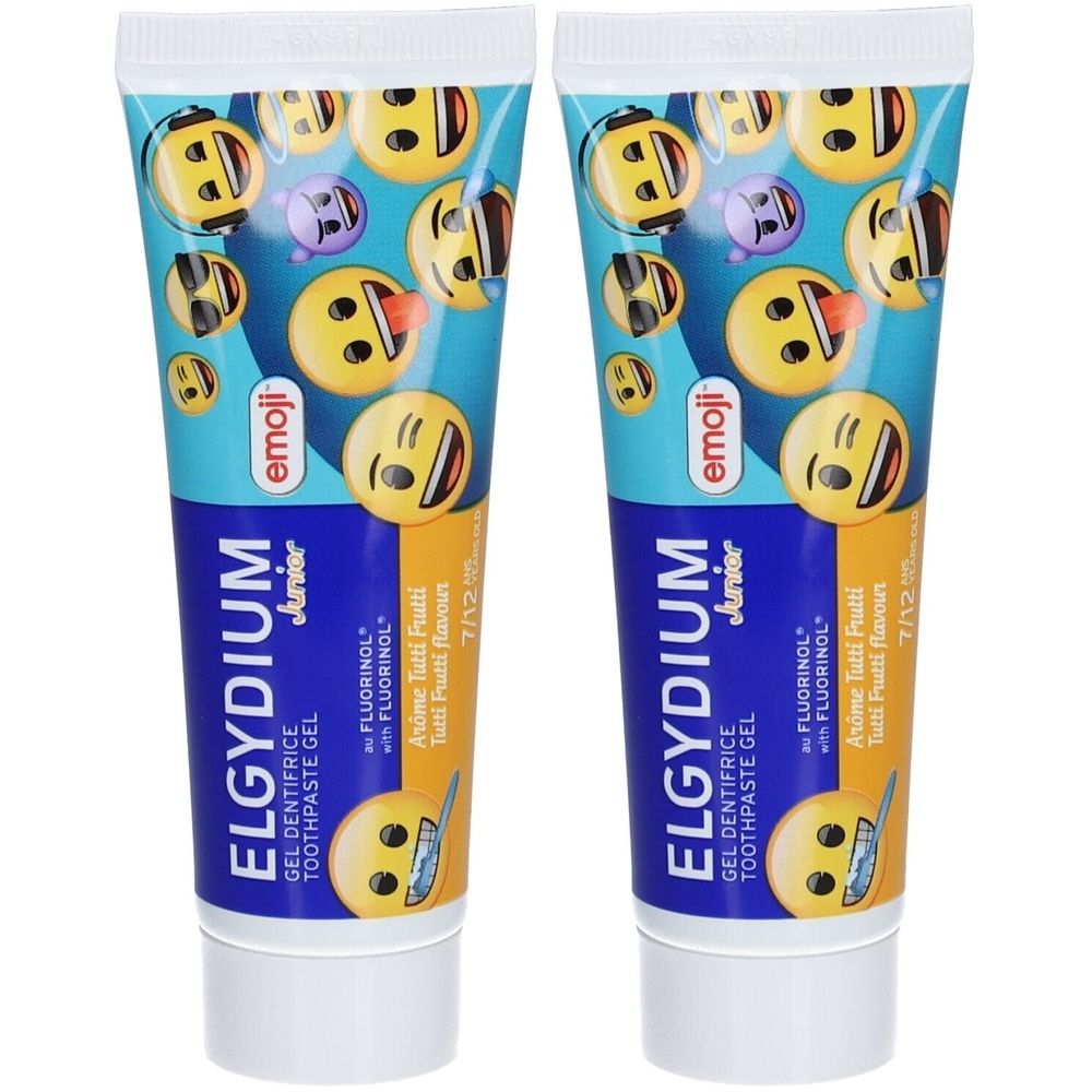 Deux tubes de gel dentifrice avec des emojis. Emballage bleu et blanc avec nom du produit et indication d'âge 7/12. Contient du Fluorinol.