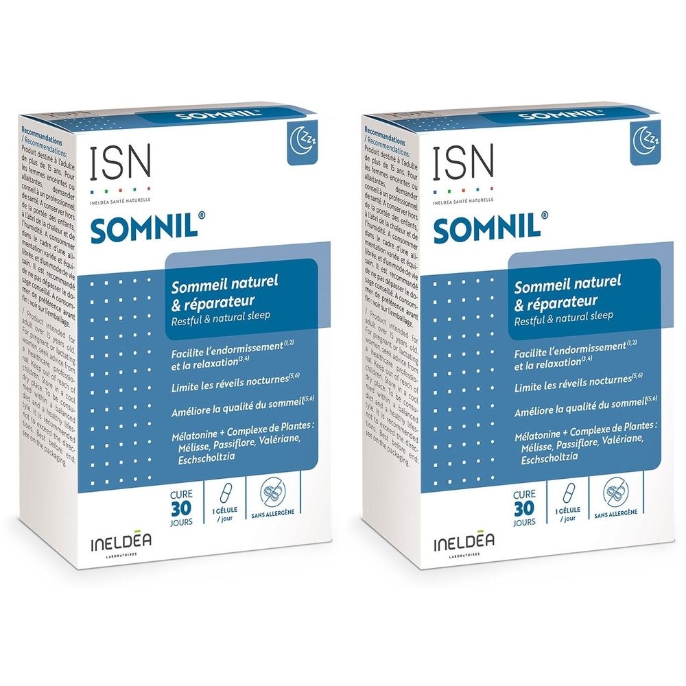Deux boîtes ISN SOMNIL. Emballage bleu et blanc avec texte. Contient 30 comprimés.