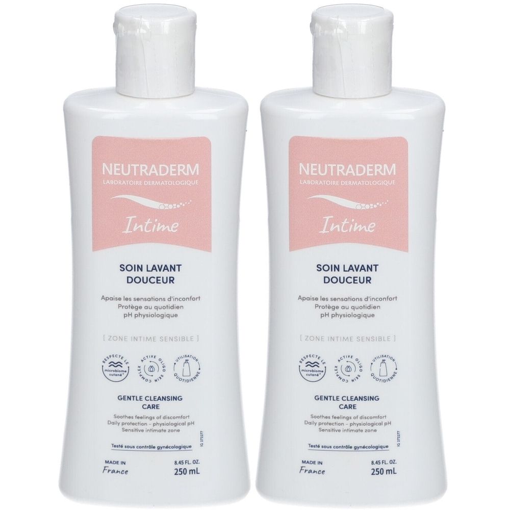 Deux flacons blancs avec étiquettes roses. Inscription : NEUTRADERM Intime, SOIN LAVANT DOUCEUR, GENTLE CLEANSING CARE. 250 ml.