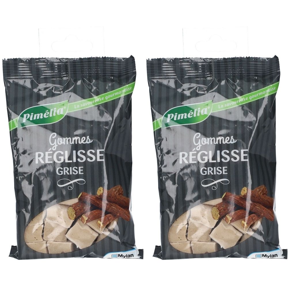 Deux sachets de "Pimélia Gommes Réglisse Grise". Emballage noir avec nom du produit et illustration de confiseries.