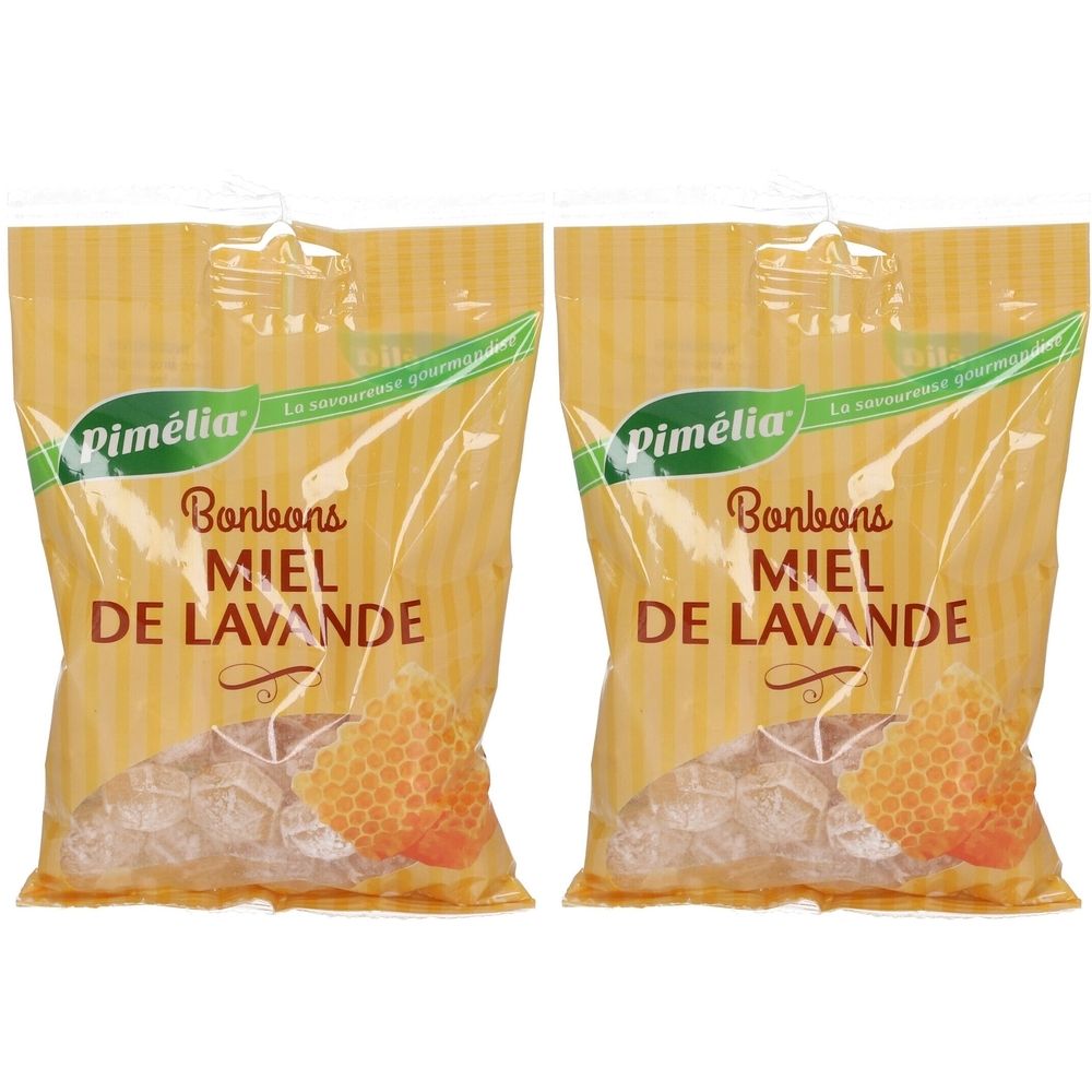 Deux sachets de bonbons Miel de Lavande. Inscription : Pimélia, Bonbons Miel de Lavande. Emballage jaune avec devant transparent.
