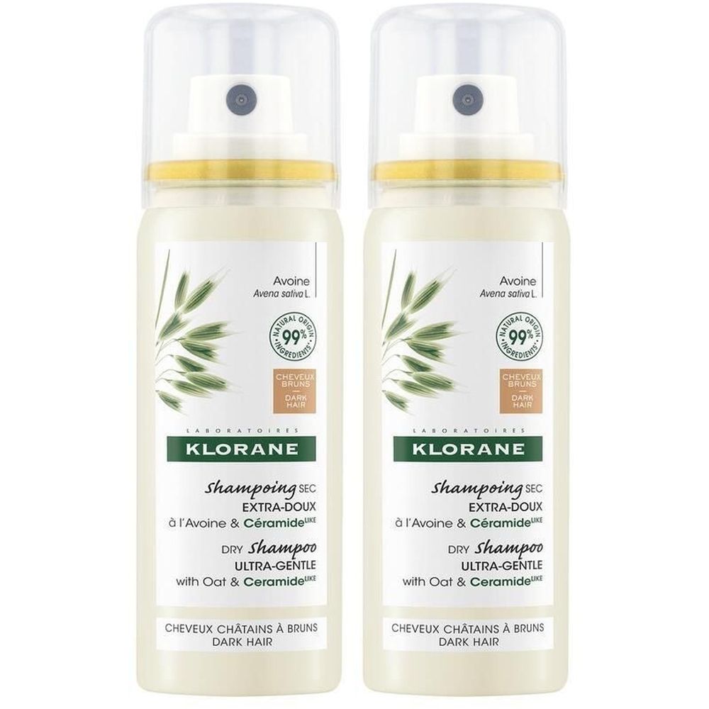 Deux flacons de shampoing sec KLORANE EXTRA-DOUX à l'avoine et céramide. Pour cheveux châtains à bruns. 99% d'ingrédients d'origine naturelle.