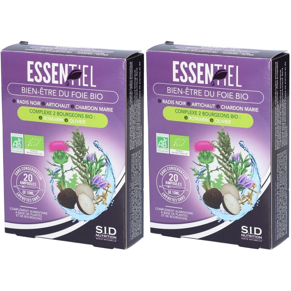 Deux boîtes violettes "Essentiel Bien-Être du Foie Bio". Contient 20 ampoules. Logo SID Nutrition. Certifié AB.