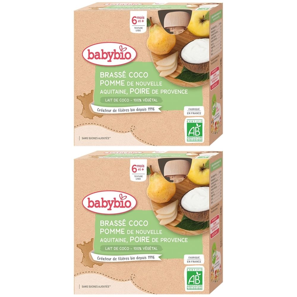 Deux boîtes avec des inscriptions. Inscriptions: Babybio, BRASSÉ COCO, pomme, poire, lait de coco. Label AB bio. Pour bébés dès 6 mois.