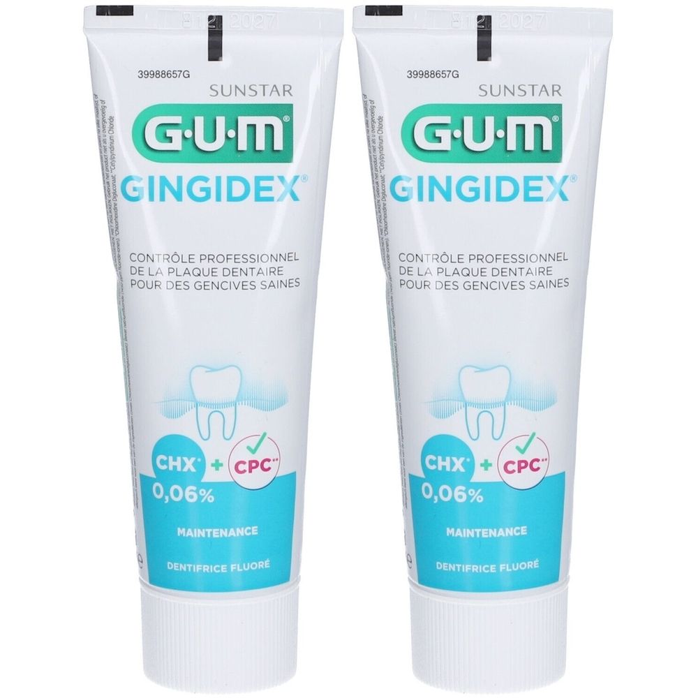 Deux tubes de dentifrice GUM Gingidex. Tubes blancs avec texte vert et bleu. Contient CHX + CPC 0,06%.