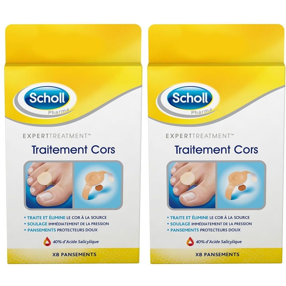 Deux boîtes de Scholl ExpertTreatment. Inscription : Traitement Cors, 8 pansements, 40% acide salicylique.