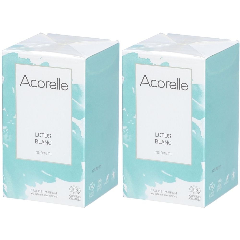 Deux boîtes rectangulaires avec "Acorelle Lotus Blanc". L'emballage est bleu clair et blanc avec un label bio.