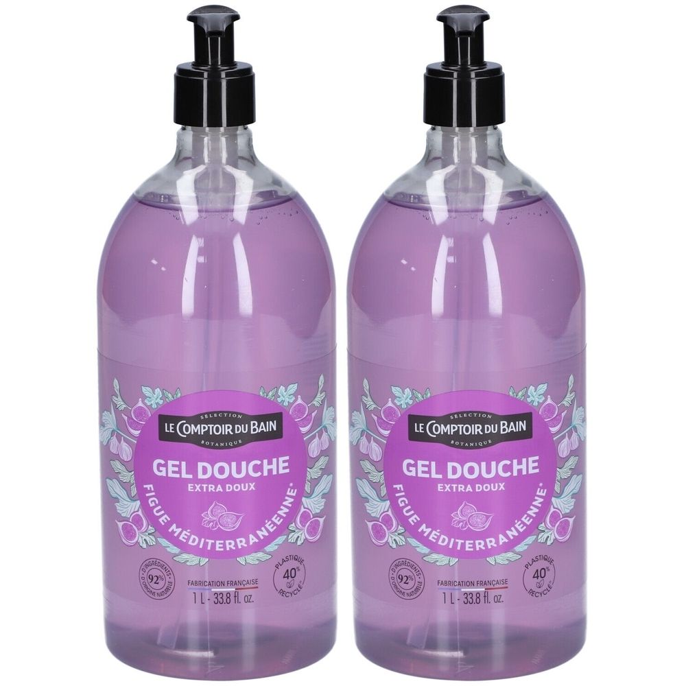 Deux flacons de gel douche avec pompe noire. Inscription: Gel Douche, Figuier Méditerranéenne. 1L.