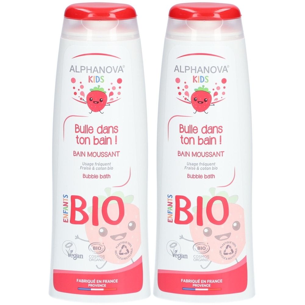 Deux flacons de bain moussant pour enfants. Blanc avec éléments rouges. Inscription : Alphanova Kids, Bulle dans ton bain !, BIO.
