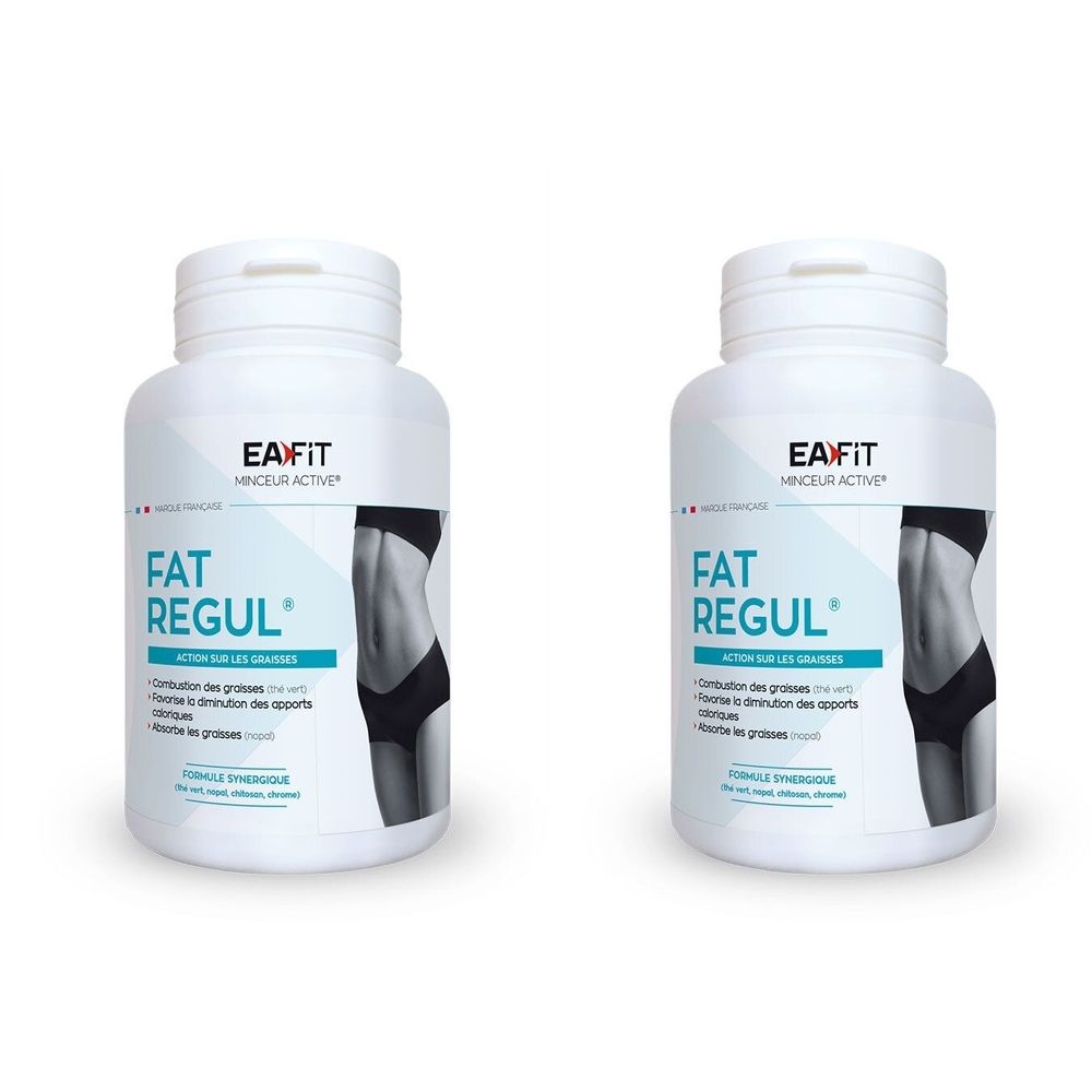 Deux flacons blancs avec l'inscription "EA Fit Fat Regul". Chaque flacon présente une silhouette féminine. Texte en français.