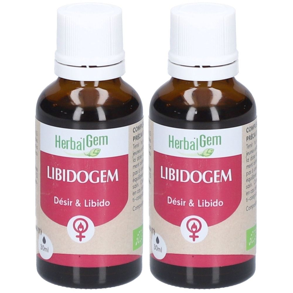 Deux flacons bruns avec bouchons blancs. Étiquette "HerbalGem Libidogem Désir & Libido".