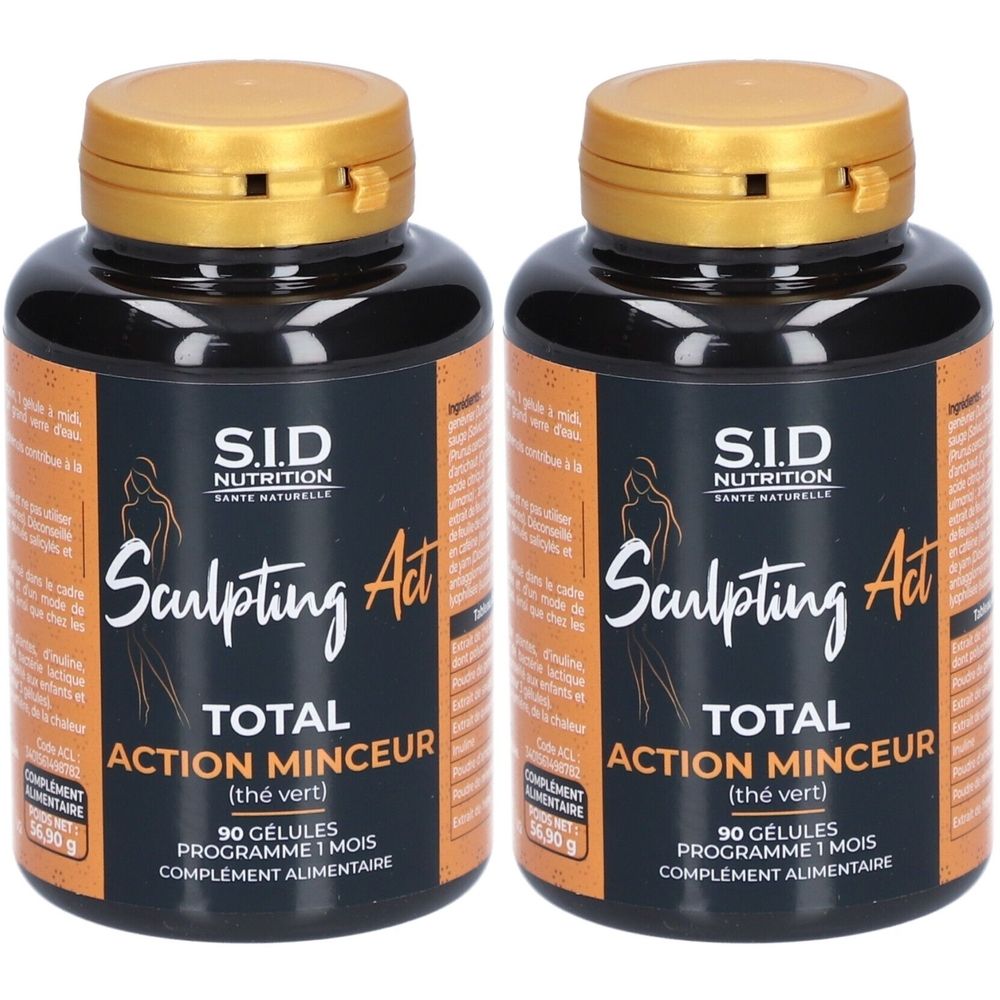 Deux flacons noirs avec bouchons dorés. Inscription: S.I.D Nutrition, Sculpting Act Total Action Minceur, 90 gélules.