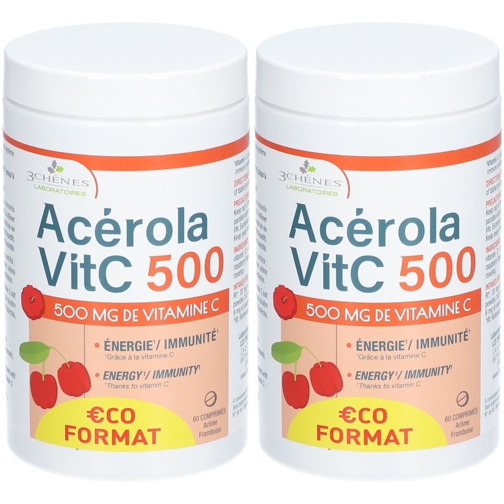 Deux boîtes blanches avec l'inscription Acérola VitC 500. Inscription: 500 MG DE VITAMINE C, ÉNERGIE/IMMUNITÉ, ECO FORMAT.