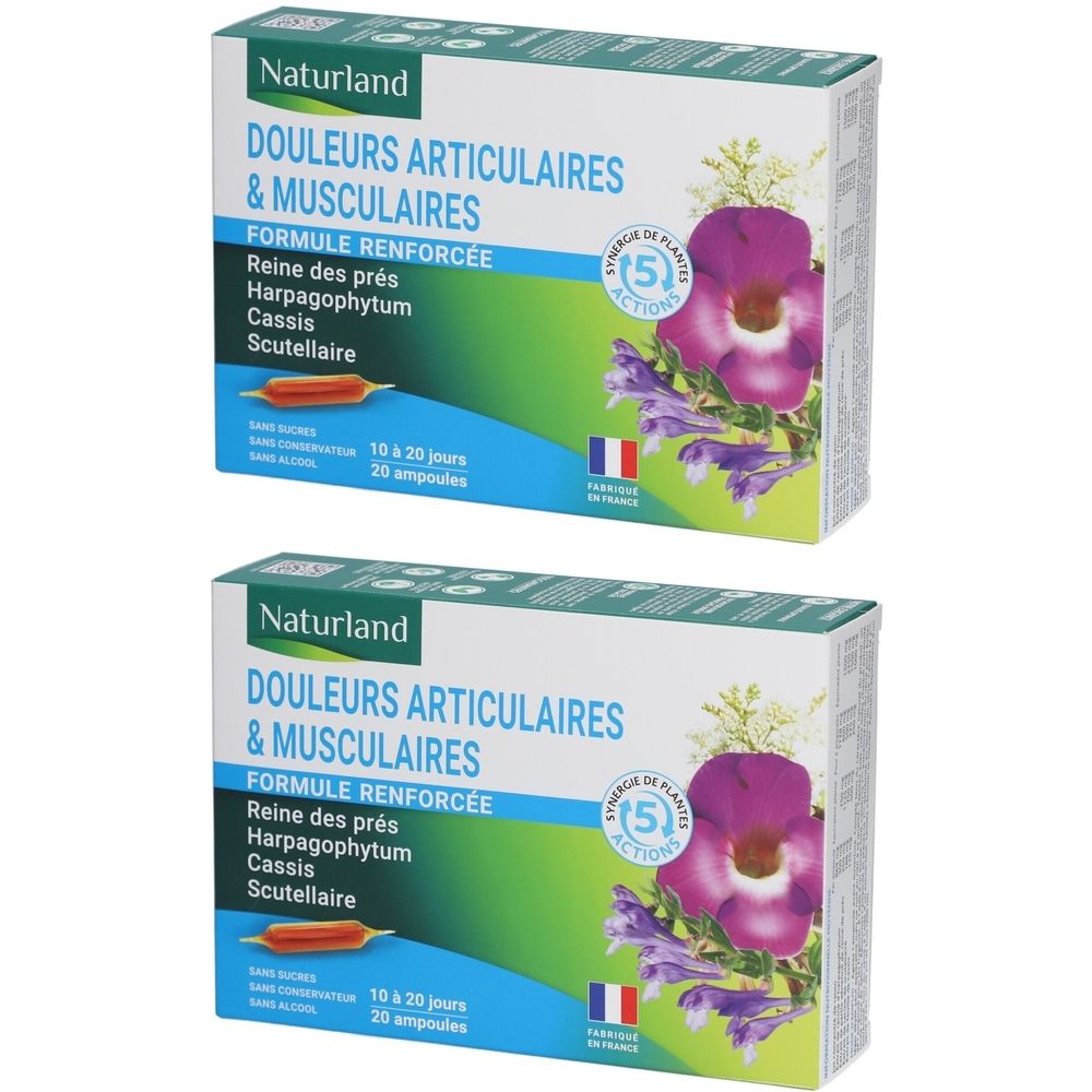 Deux boîtes de produit Naturland. Inscription: Douleurs Articulaires & Musculaires. Design floral et drapeau français.