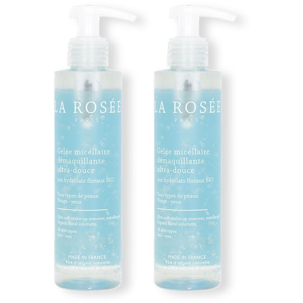 Deux flacons bleus avec pompe doseuse. Inscription: La Rosée, Gelée micellaire démaquillante ultra-douce aux hydrolats floraux BIO.