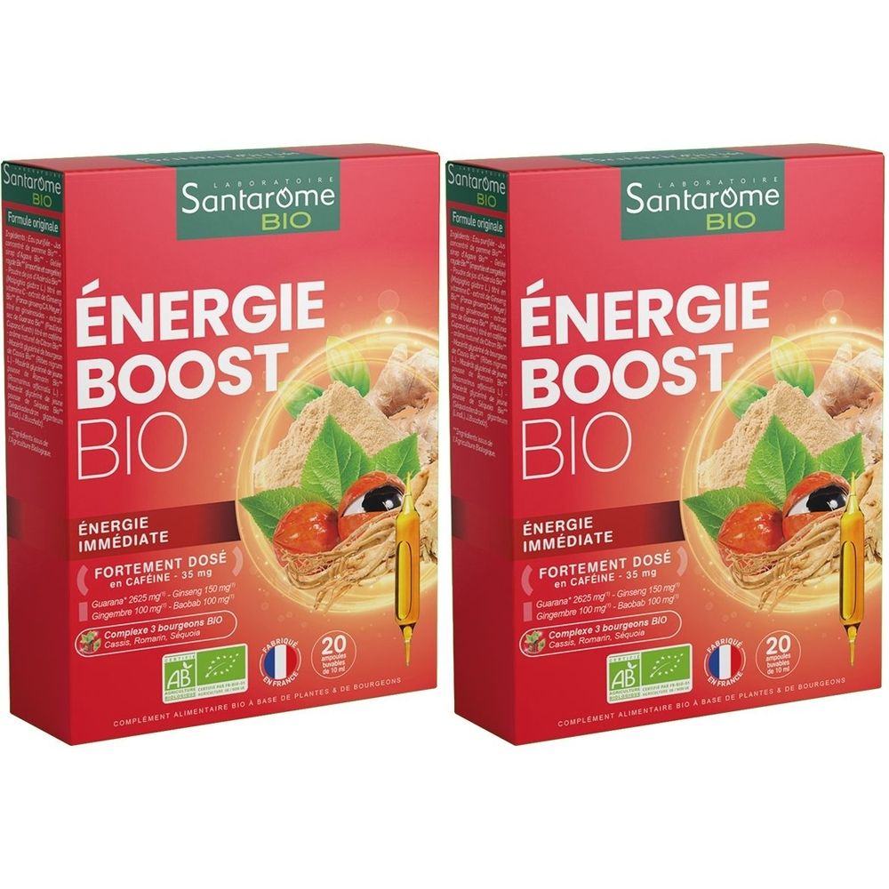 Deux boîtes rouges "ÉNERGIE BOOST BIO". Illustration d'ingrédients et logos. Contient 20 doses.