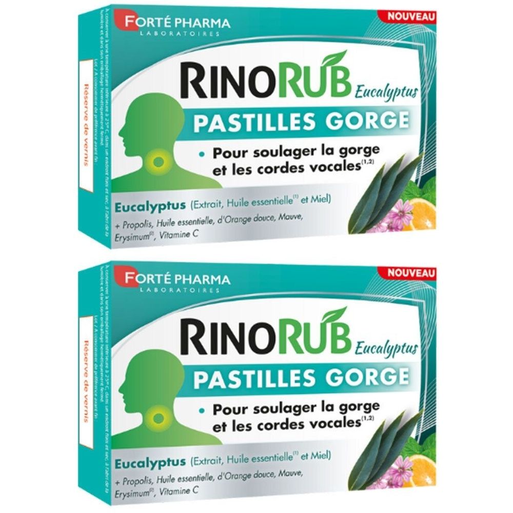 Deux boîtes de Rinorub Pastilles Gorge. Inscription : Pour soulager la gorge et les cordes vocales. Avec Eucalyptus.