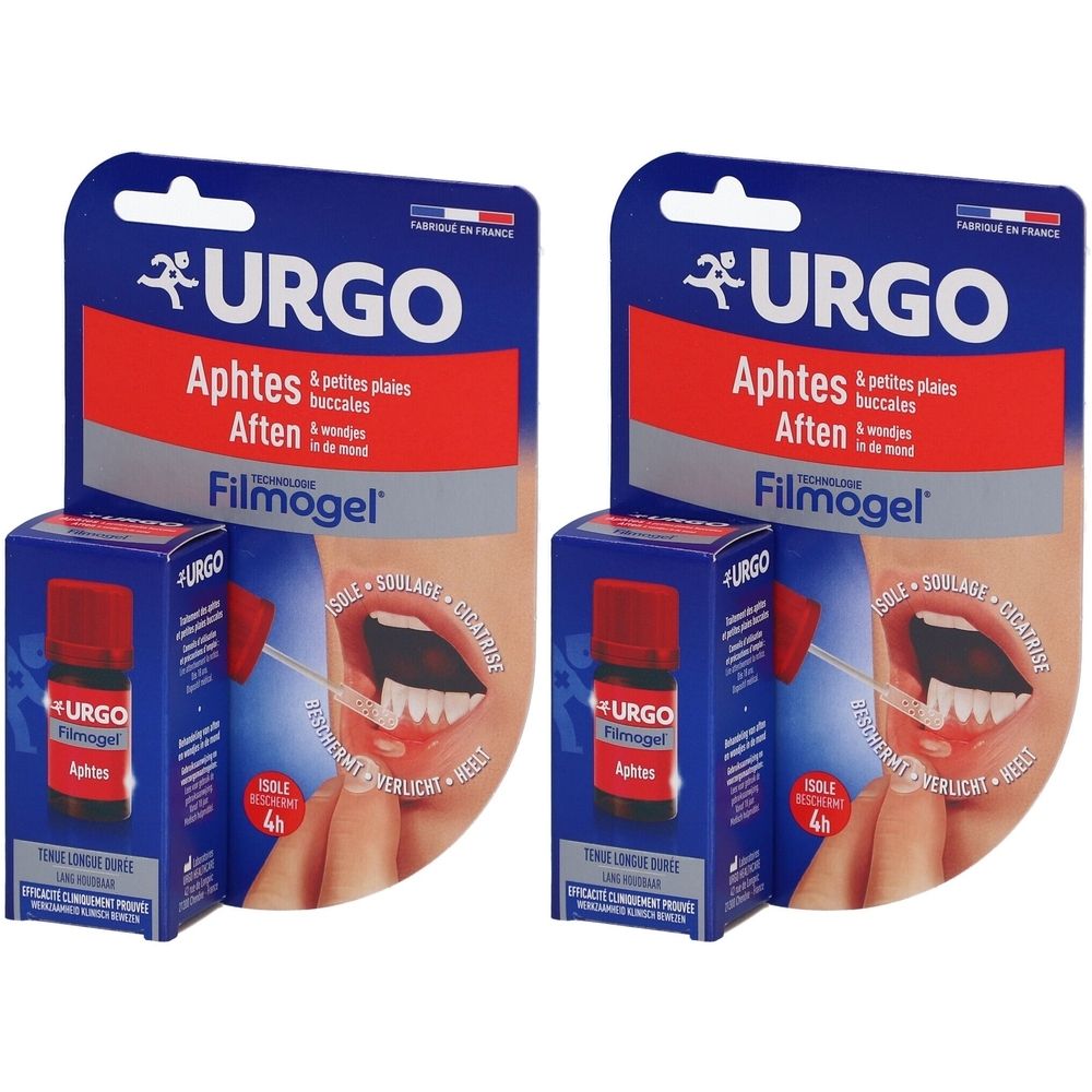Deux emballages de URGO Filmogel Aphtes. Emballage bleu avec texte rouge. Illustration d'une bouche avec applicateur.