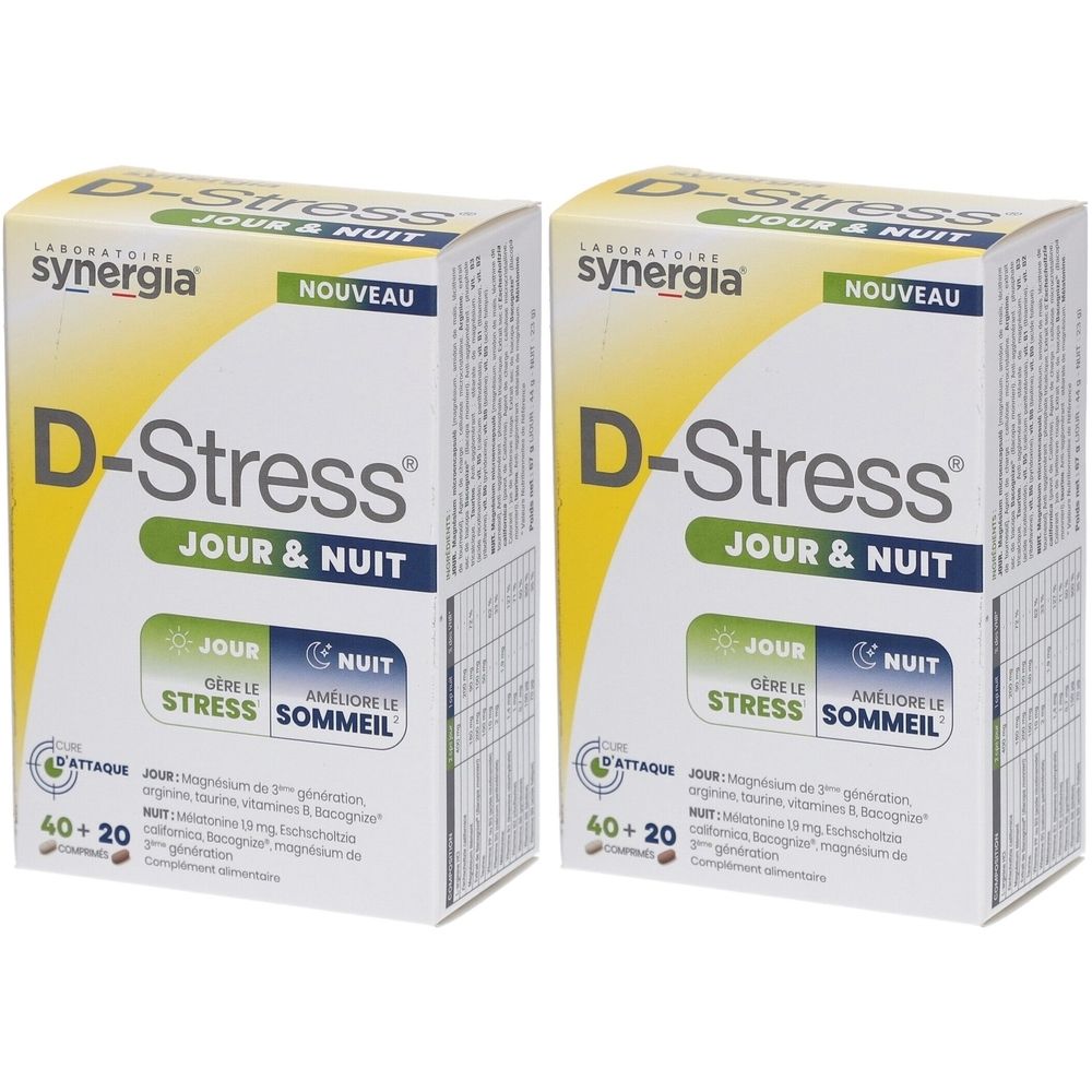Deux boîtes de D-Stress Jour & Nuit. Inscriptions: synergia, Nouveau, Jour & Nuit, 40+20. Mots-clés: Stress, Sommeil.