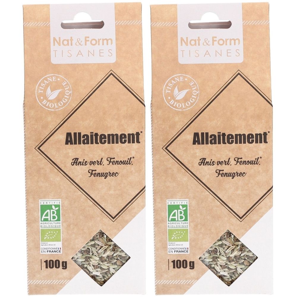 Deux sachets "Allaitement" et "Nat & Form Tisanes". Certifié bio. Ingrédients : Anis vert, Fenouil, Fenugrec. Contenu : 100 g.