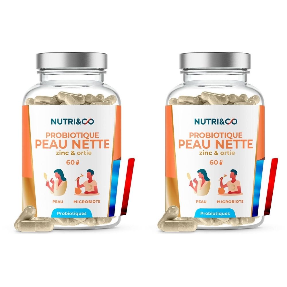 Deux flacons en verre de gélules. Étiquettes : "NUTRI&CO PROBIOTIQUE PEAU NETTE". Contient zinc et ortie. 60 gélules.