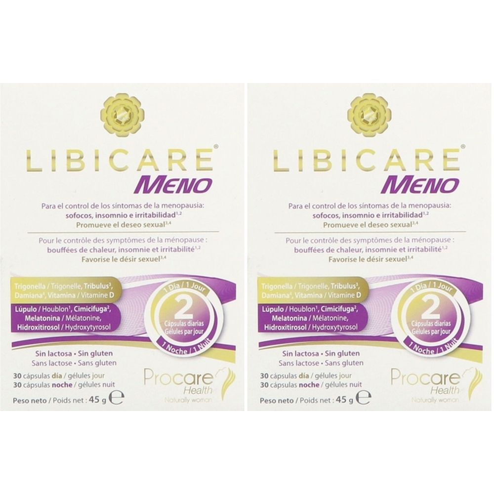 Deux boîtes de Libicare Meno. Inscription : Pour les symptômes de la ménopause. Contient 30 gélules jour et 30 nuit. Marque : Procare Health.