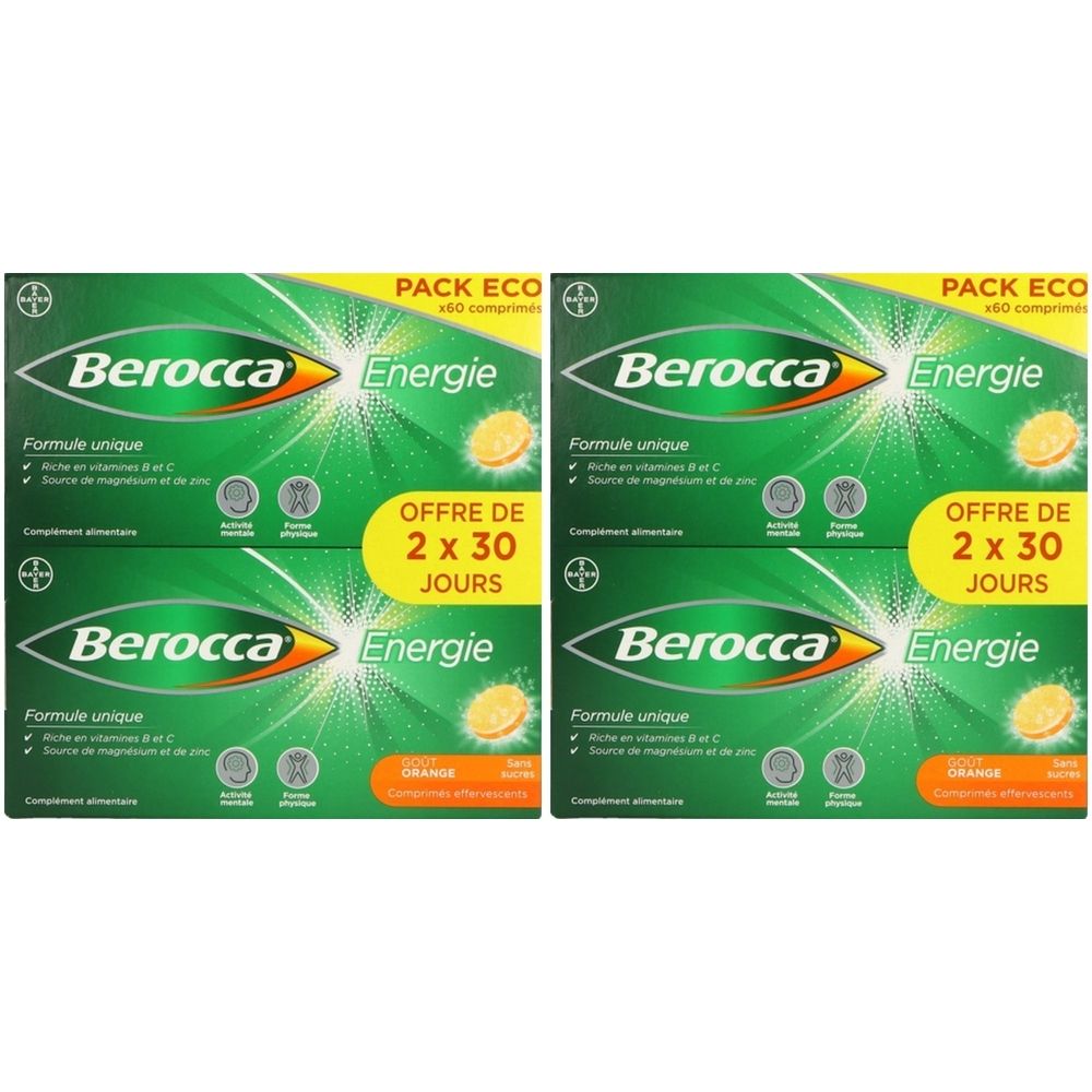 Plusieurs boîtes vertes "Berocca Energie". Inscription jaune et orange. "Pack Eco" et "Offre de 2 x 30 jours" sont visibles.