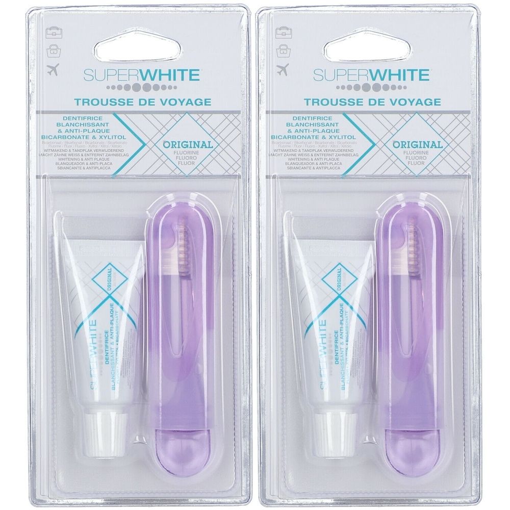 Deux trousses de voyage SUPERWHITE® Original. Chaque trousse contient du dentifrice et une brosse à dents violette dans un étui.