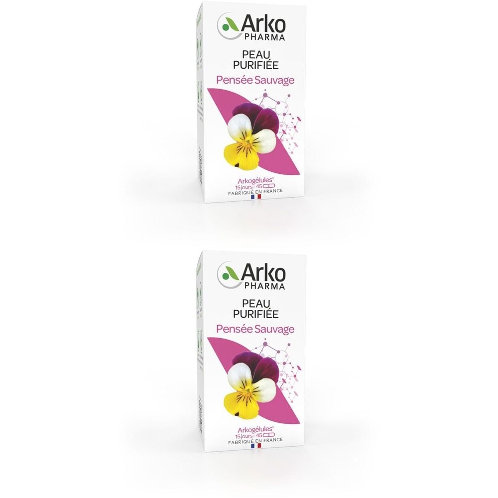 Deux boîtes Arkopharma, avec nom de produit et fleur. Inscription : Peau Purifiée Pensée Sauvage.