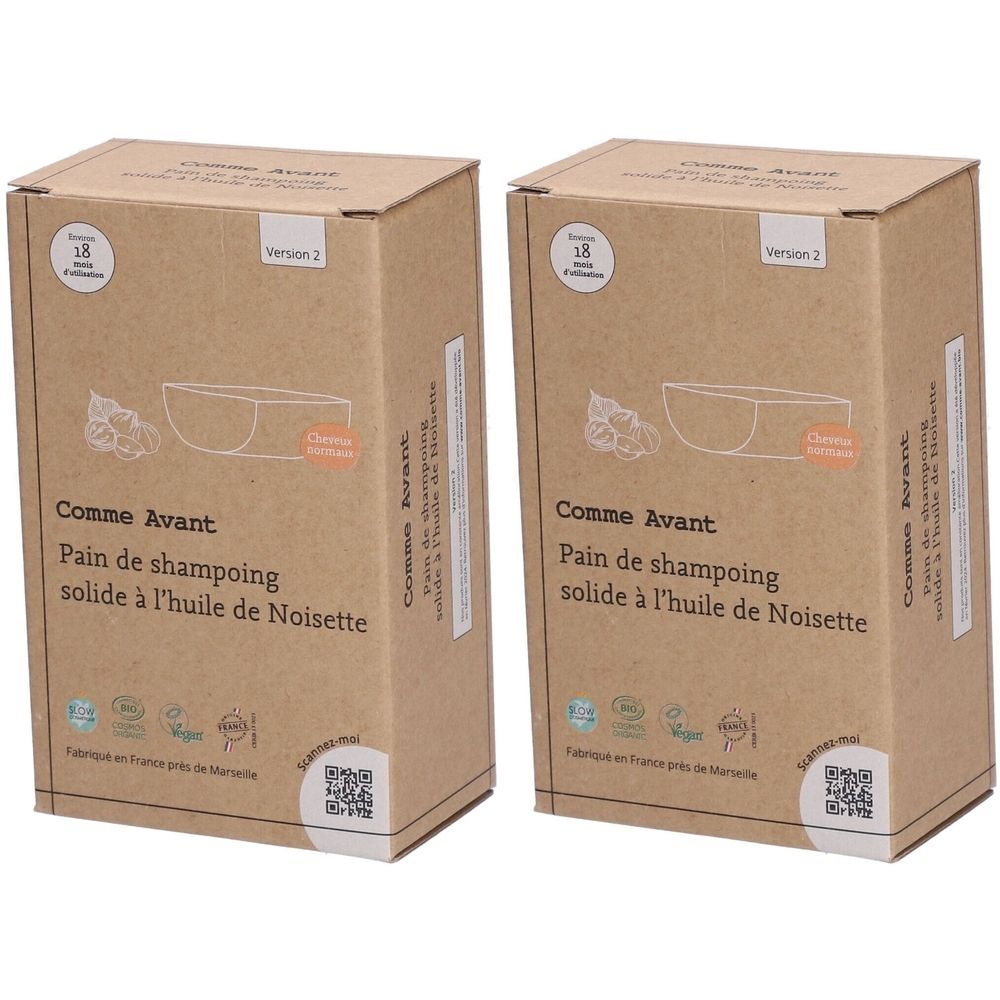 Deux boîtes rectangulaires en carton. Inscription : Comme Avant, Pain de shampoing solide à l'huile de Noisette. Logos et QR code.