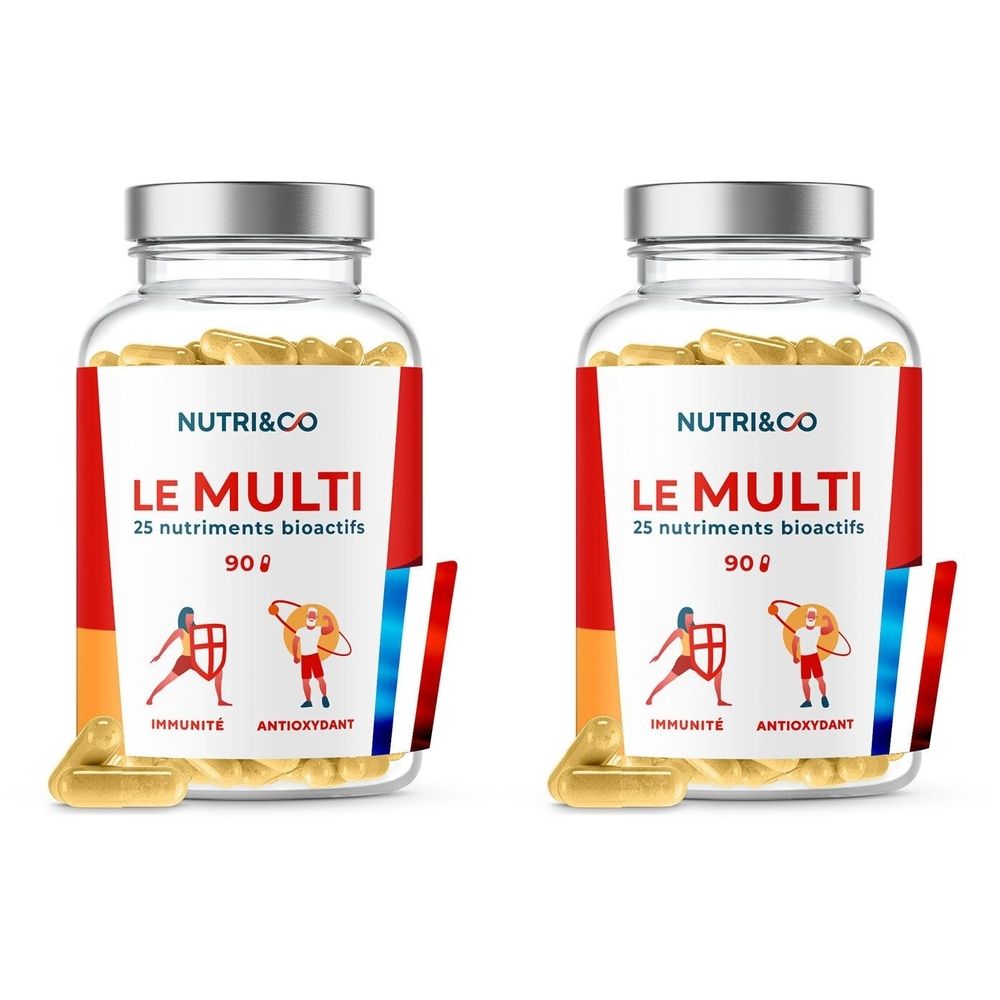Deux flacons en verre de gélules. Inscription : NUTRI&CO, LE MULTI, 25 nutriments bioactifs, 90. Illustrations et texte : IMMUNITÉ, ANTIOXYDANT.