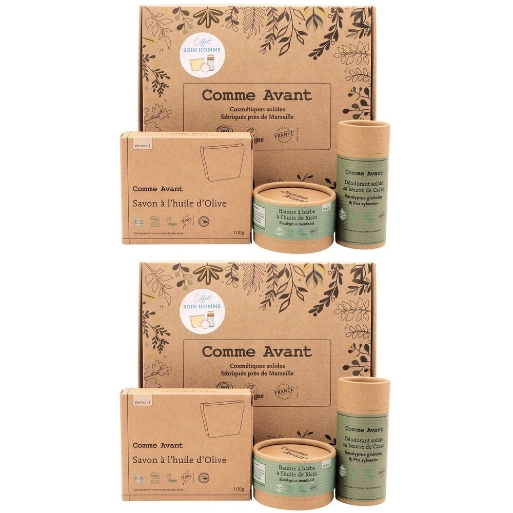 Deux coffrets cadeaux "Comme Avant" avec produits cosmétiques. Chaque set contient une boîte, du savon, de la crème et un déodorant. Emballage en carton brun.